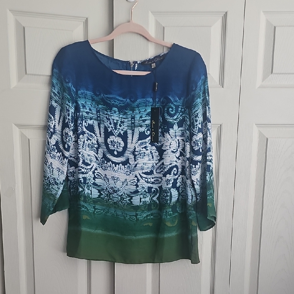 Rose & Olive Blue & Green Paisley Floral Blouse Top.  CONT G